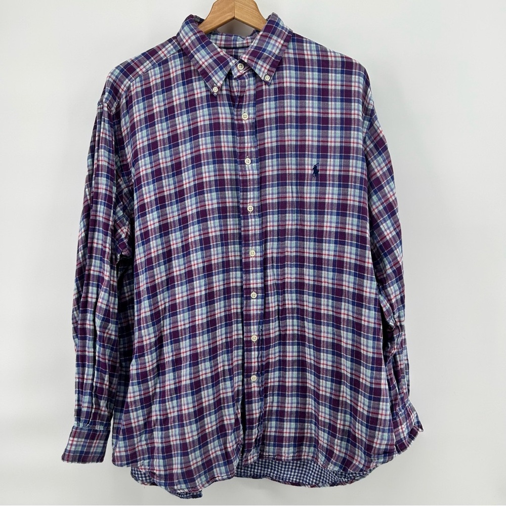 Ralph Lauren Flannel Shirt Mens 1XB Lined Purple Plaid Cabincore Button Up Pony